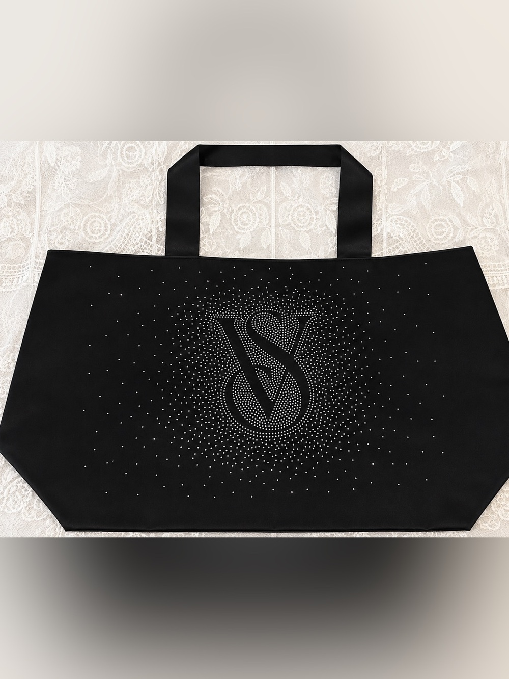 Victoria’s Secret Black Rhinestone VS Logo Large Zip Tote Bag NWT